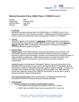Medical Education Policy: USMLE Step 3 / COMLEX Level 3