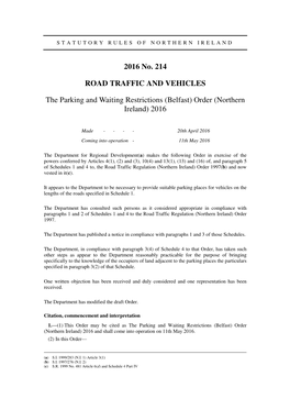 The Parking and Waiting Restrictions (Belfast) Order (Northern Ireland) 2016