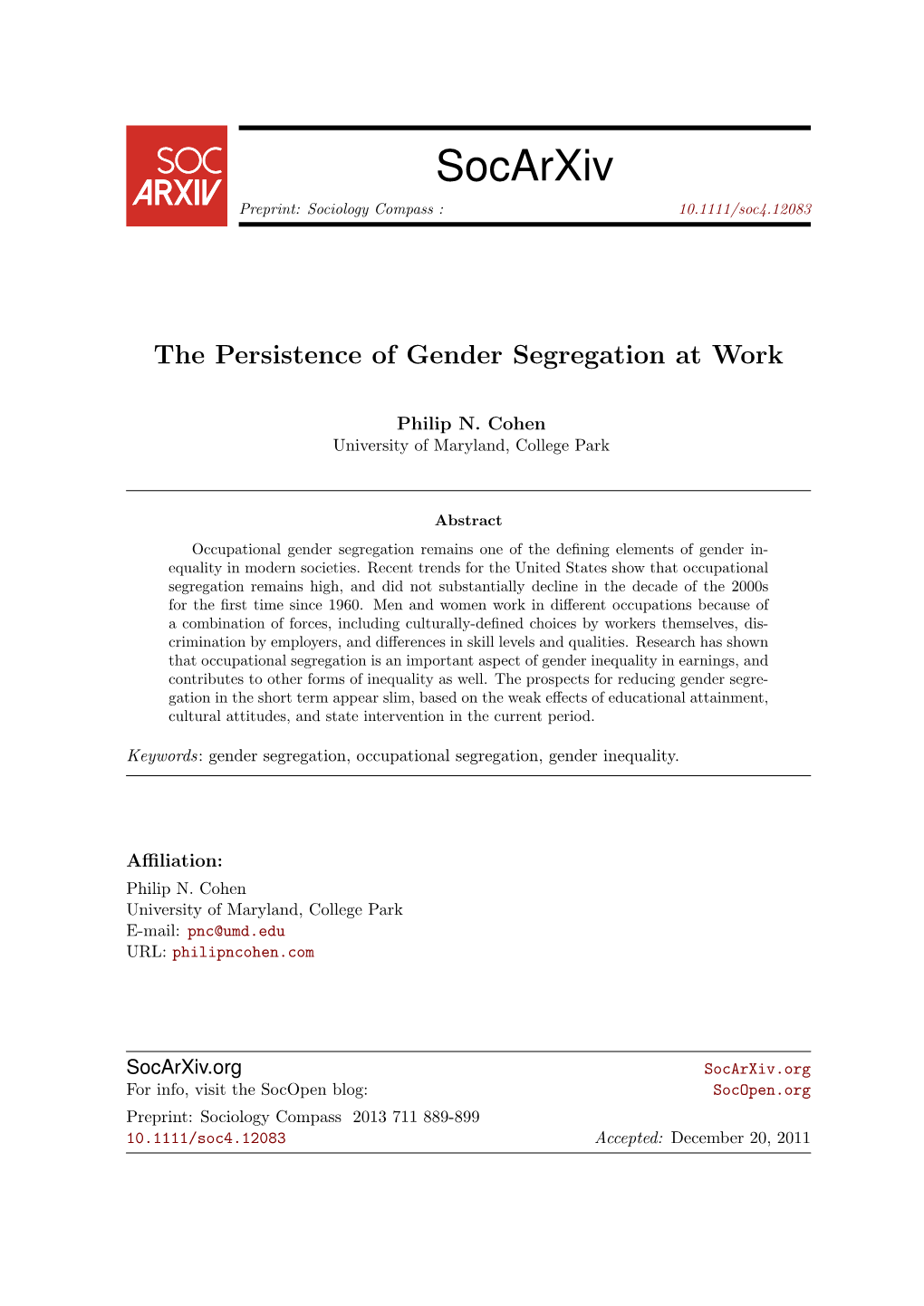 The Persistence of Gender Segregation at Work