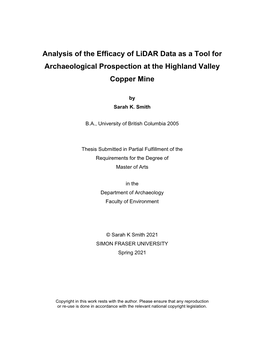 Analysis of the Efficacy of Lidar Data As a Tool for Archaeological Prospection at the Highland Valley Copper Mine