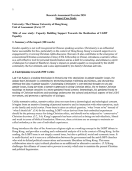 Research Assessment Exercise 2020 Impact Case Study University: the Chinese University of Hong Kong Unit of Assessment (Uoa): 37