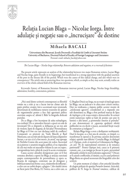 Relaţia Lucian Blaga – Nicolae Iorga. Între Adulaţie Şi Negaţie Sau O ,,Încrucişare” De Destine