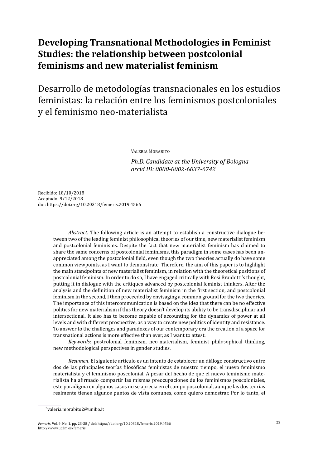 Developing Transnational Methodologies in Feminist Studies: the Relationship Between Postcolonial Feminisms and New Materialist Feminism