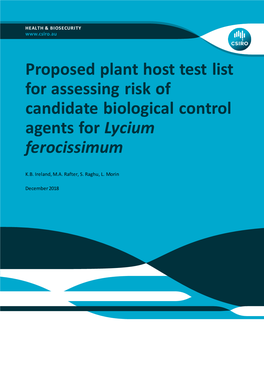 Proposed Plant Host Test List for Assessing Risk of Candidate Biological Control Agents for Lycium Ferocissimum