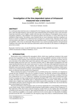 Investigation of the Time Dependent Nature of Infrasound Measured Near a Wind Farm Branko ZAJAMŠEK1; Kristy HANSEN1; Colin HANSEN1