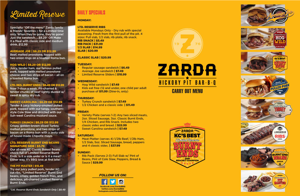 Daily Specials Carry out Menu