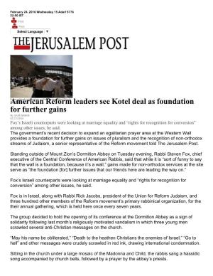 American Reform Leaders See Kotel Deal As Foundation for Further Gains