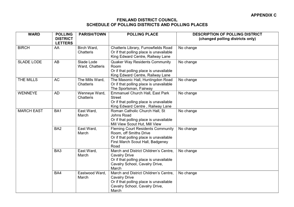 Appendix C Fenland District Council Schedule of Polling Districts and Polling Places