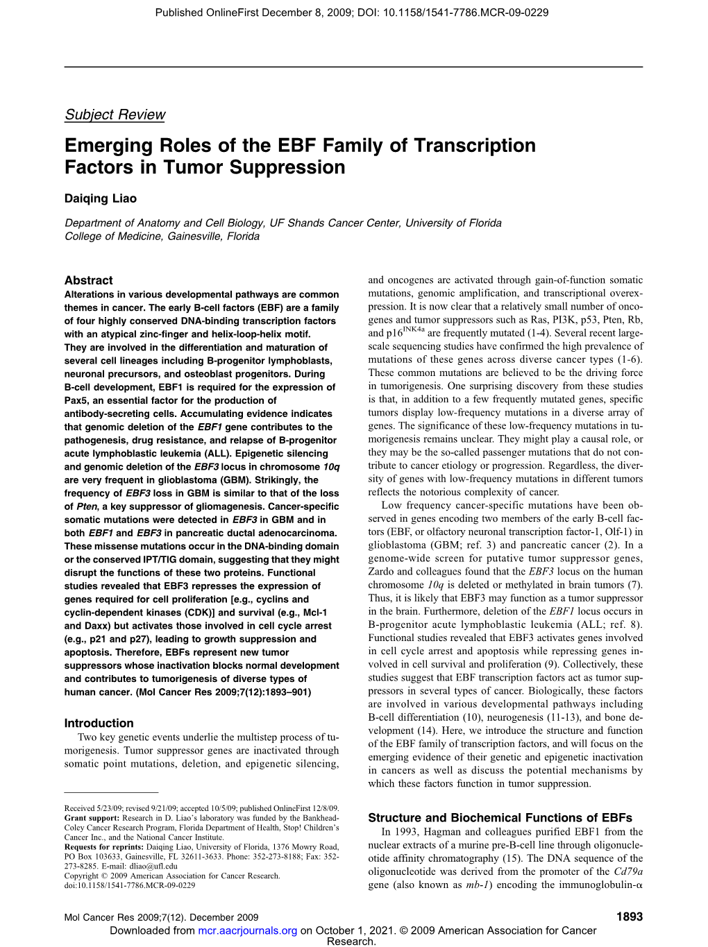 Emerging Roles of the EBF Family of Transcription Factors in Tumor Suppression