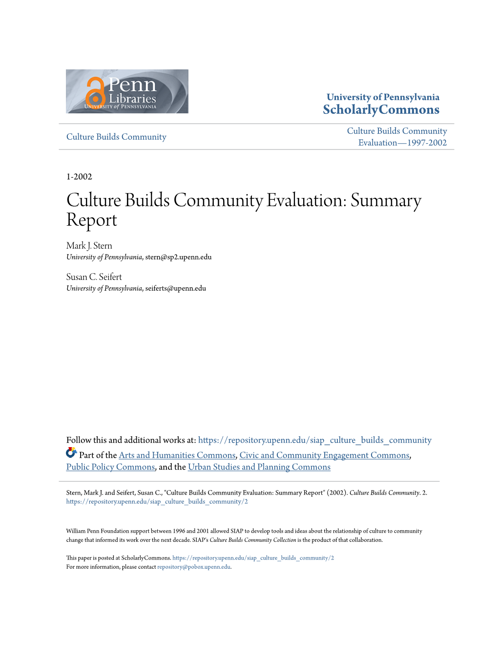 Culture Builds Community Evaluation: Summary Report Mark J