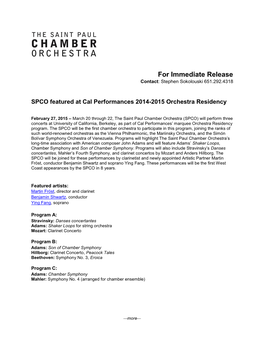 SPCO Featured at Cal Performances 2014-2015 Orchestra Residency