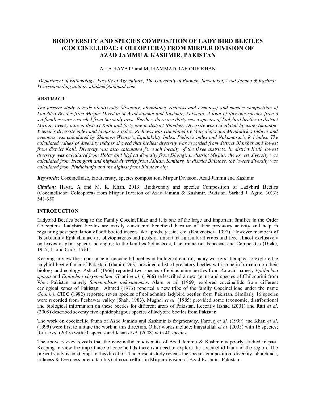 Biodiversity and Species Composition of Lady Bird Beetles (Coccinellidae: Coleoptera) from Mirpur Division of Azad Jammu & K