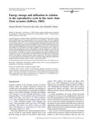Energy Storage and Utilization in Relation to the Reproductive Cycle in the Razor Clam Ensis Arcuatus (Jeﬀreys, 1865)