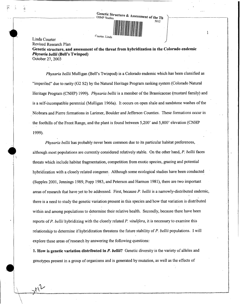 4 Linda Courter Revised Research Plan October 27, 2003 Physaria