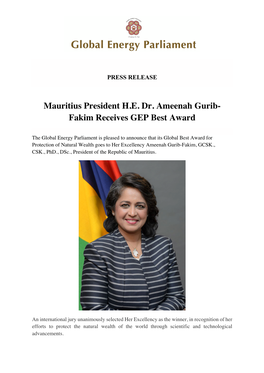Mauritius President H.E. Dr. Ameenah Gurib- Fakim Receives GEP Best Award