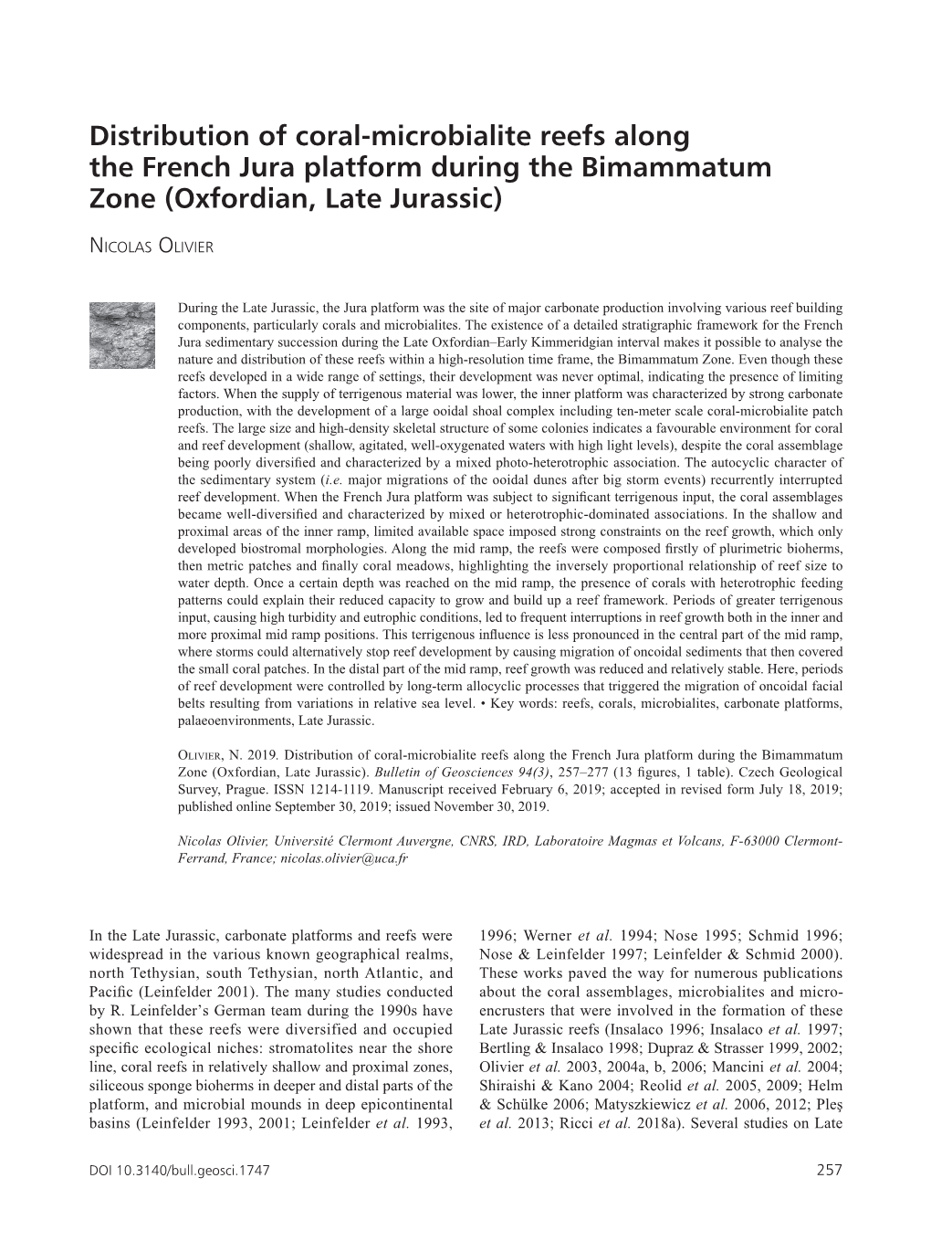 Distribution of Coral-Microbialite Reefs Along the French Jura Platform During the Bimammatum Zone (Oxfordian, Late Jurassic)