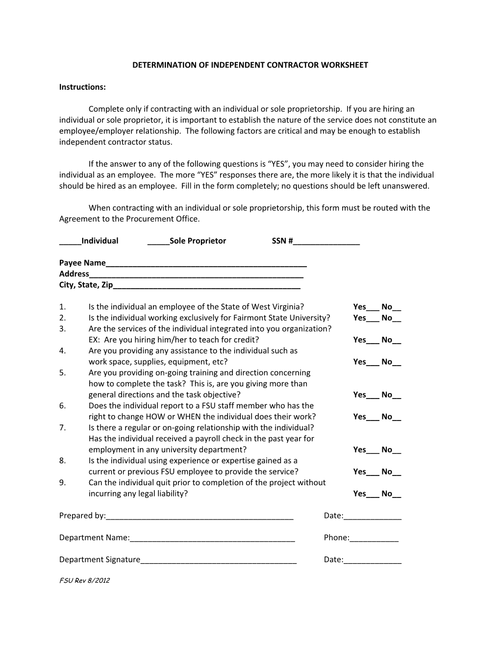 Determination of Independent Contractor Worksheet