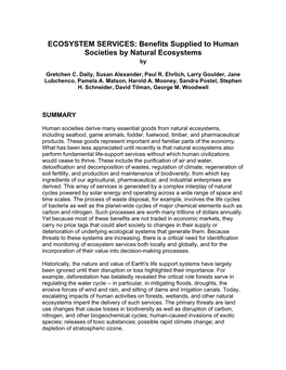 Benefits Supplied to Human Societies by Natural Ecosystems By