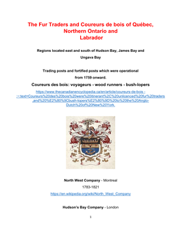 The Fur Traders and Coureurs De Bois of Québec, Northern Ontario and Labrador