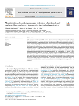 Alterations in Adolescent Dopaminergic Systems As a Function of Early T Mother-Toddler Attachment: a Prospective Longitudinal Examination ⁎ Ethan M