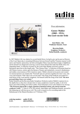 Gustav Mahler (1860 – 1911): Das Lied Von Der Erde