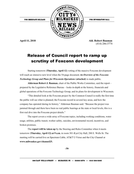 Release of Council Report to Ramp up Scrutiny of Foxconn Development