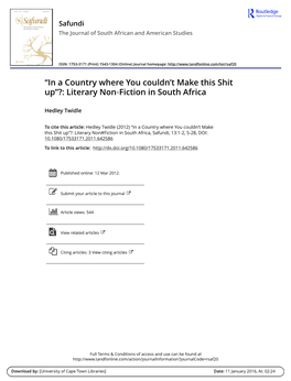Literary Non‐Fiction in South Africa