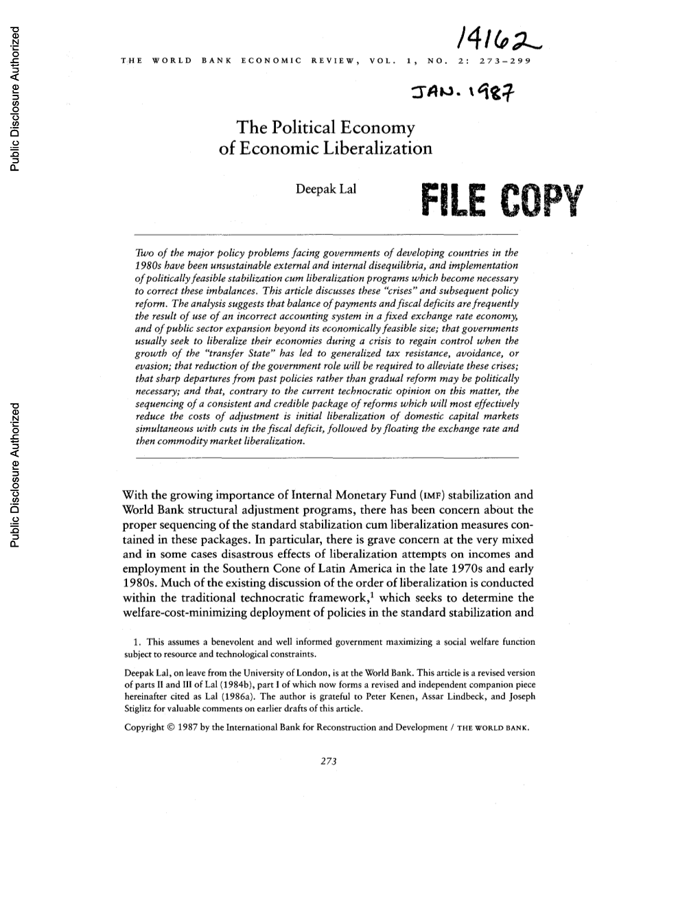 The Political Economy of Economic Liberalization Public Disclosure Authorized Deepaklal FILEC0 Ry