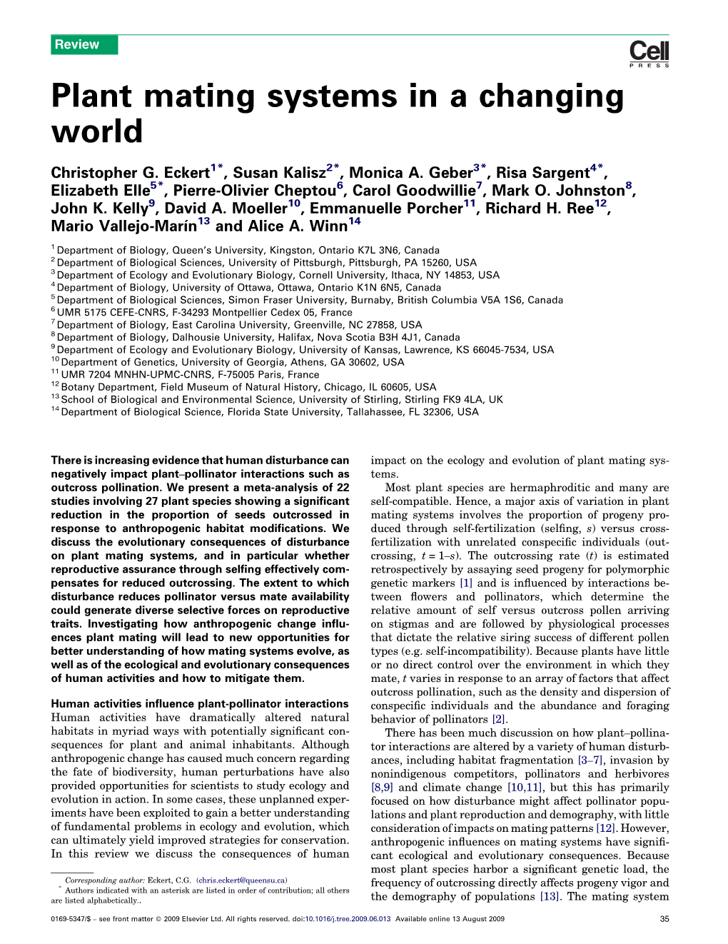 Plant Mating Systems in a Changing World