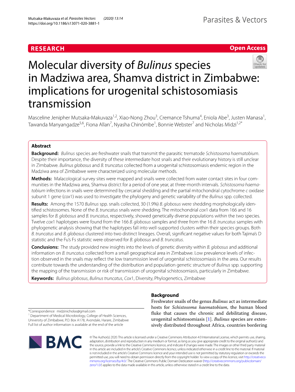 Molecular Diversity of Bulinus Species in Madziwa Area, Shamva District in Zimbabwe: Implications for Urogenital Schistosomiasis