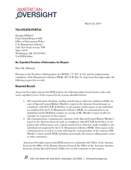 March 22, 2019 Douglas Hibbard Chief, Initial Request Staff Office Of