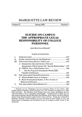 Suicide on Campus: the Appropriate Legal Responsibility of College Personnel