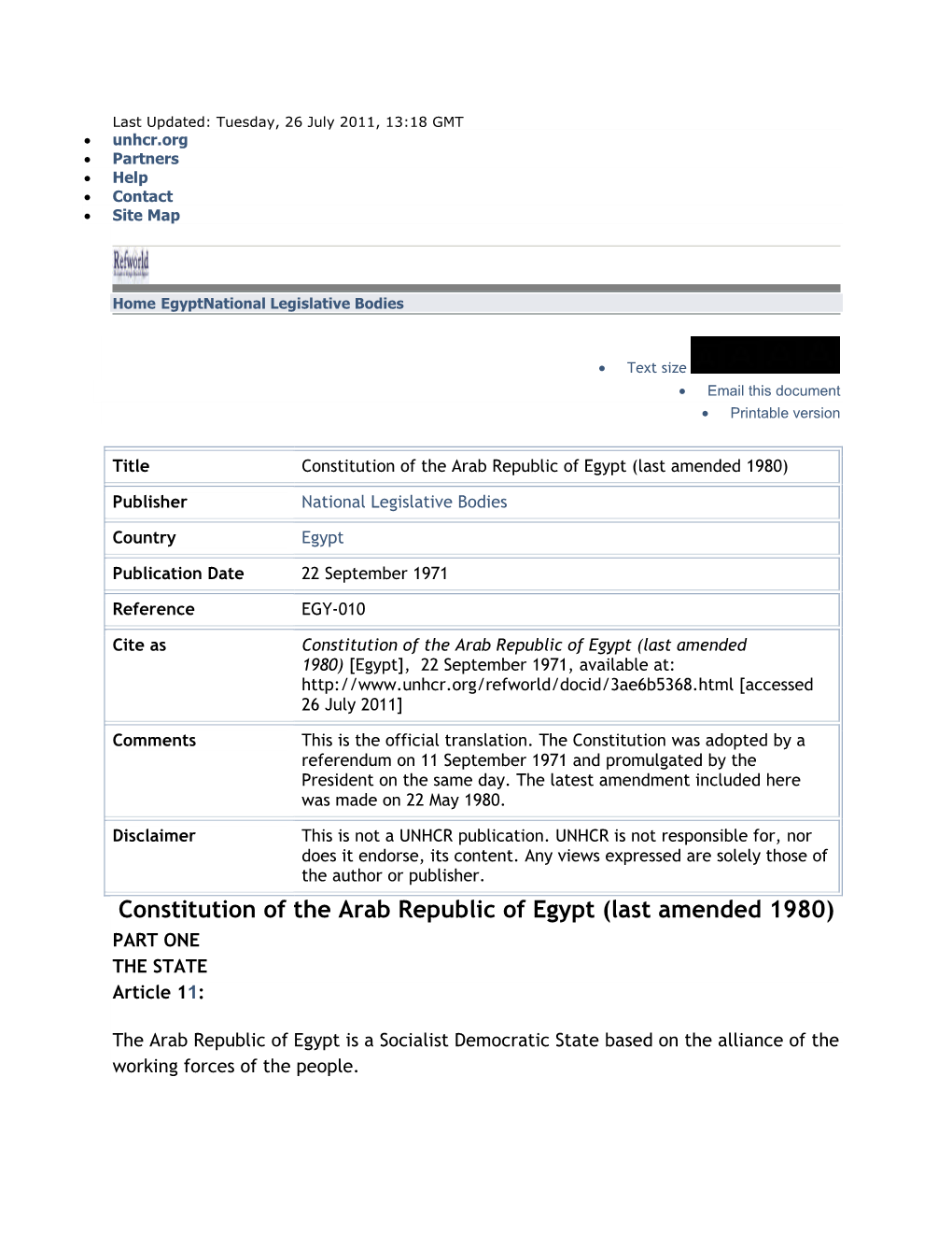 Constitution of the Arab Republic of Egypt (Last Amended 1980)