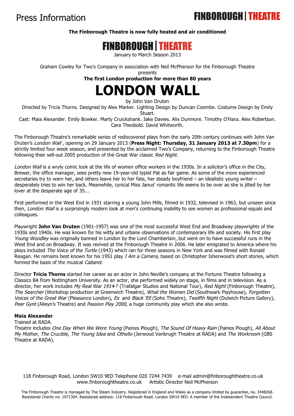 LONDON WALL by John Van Druten Directed by Tricia Thorns