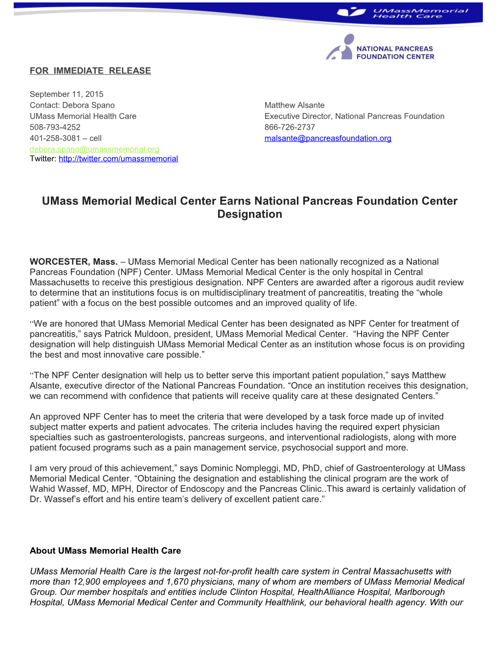 Umass Memorial Medical Center Earns National Pancreas Foundation Center Designation