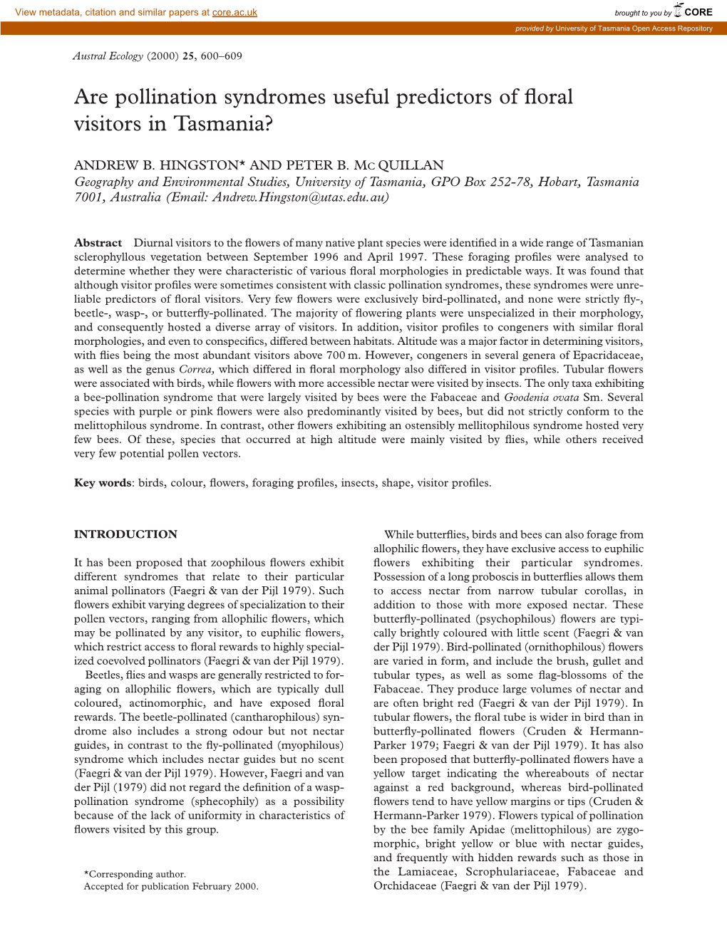 Are Pollination Syndromes Useful Predictors of Floral Visitors