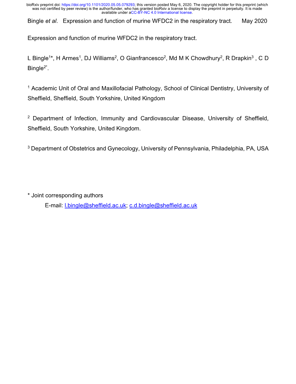 Expression and Function of Murine WFDC2 in the Respiratory Tract