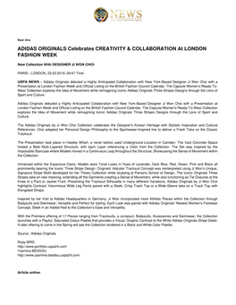 ADIDAS ORIGINALS Celebrates CREATIVITY & COLLABORATION at LONDON FASHION WEEK