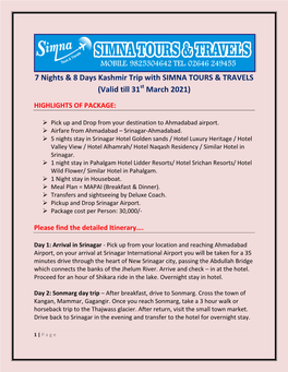 7 Nights & 8 Days Kashmir Trip with SIMNA TOURS & TRAVELS (Valid Till 31 March 2021)