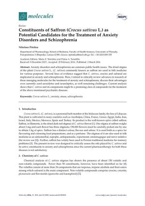 Constituents of Saffron (Crocus Sativus L.) As Potential Candidates for the Treatment of Anxiety Disorders and Schizophrenia