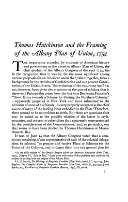 Thomas Hutchinson and the Framing of the Albany Plan of Union, 1754