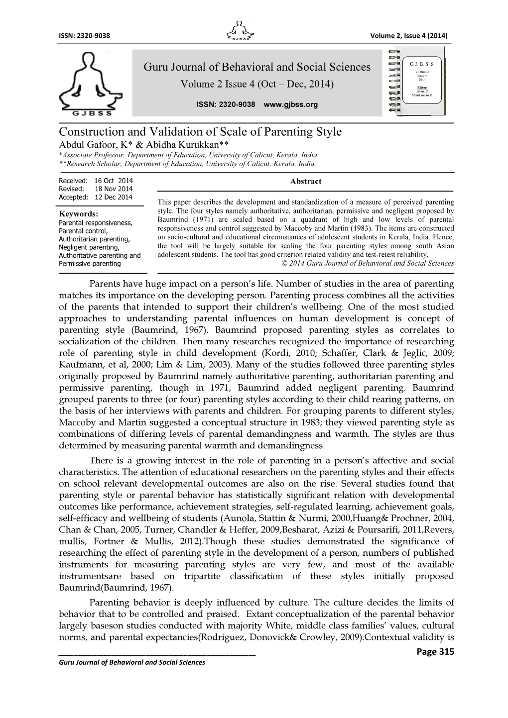 Construction and Validation of Scale of Parenting Style