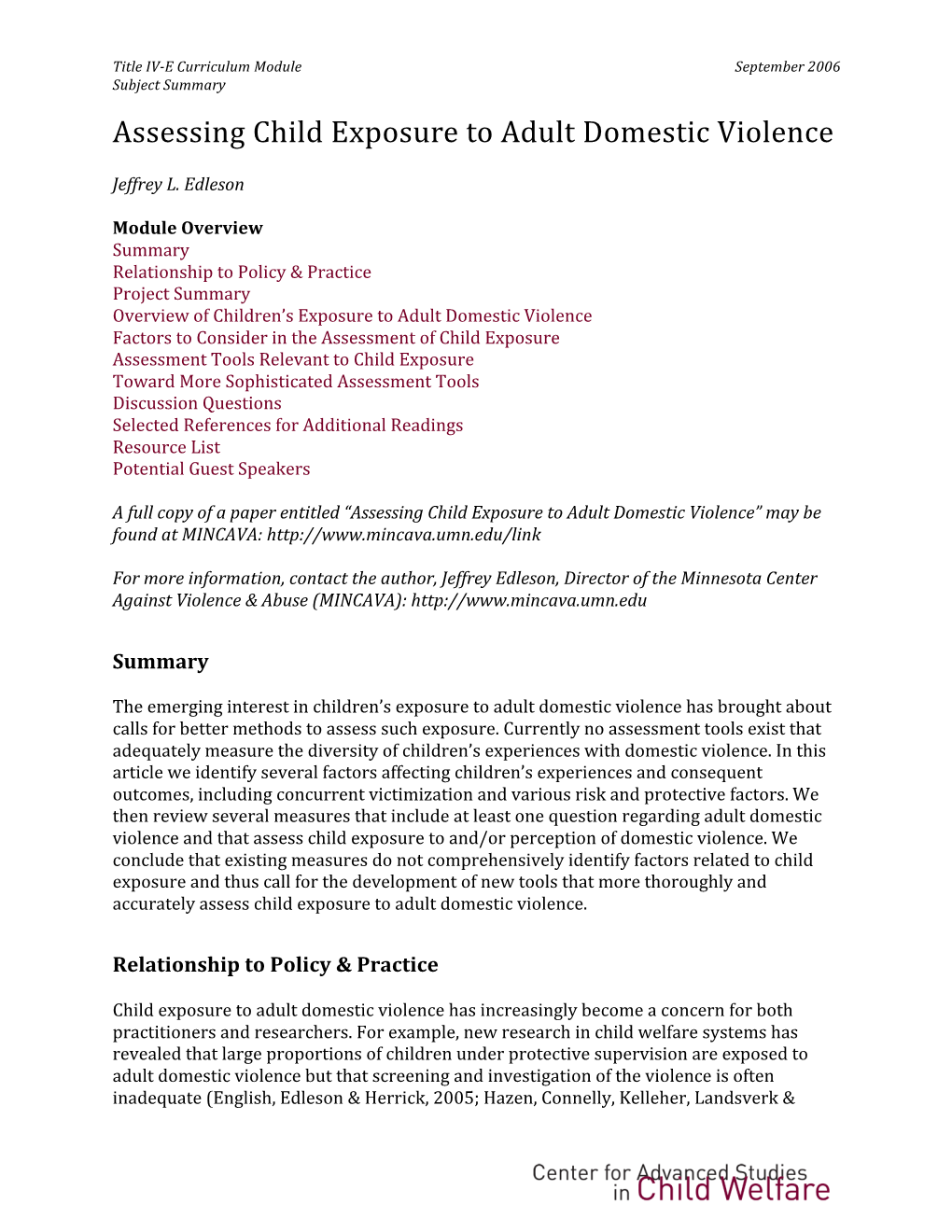 Assessing Child Exposure to Adult Domestic Violence