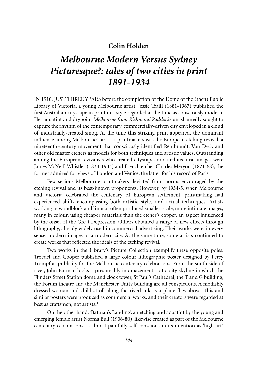 Melbourne Modern Versus Sydney Picturesque?: Tales of Two Cities in Print 1891-1934