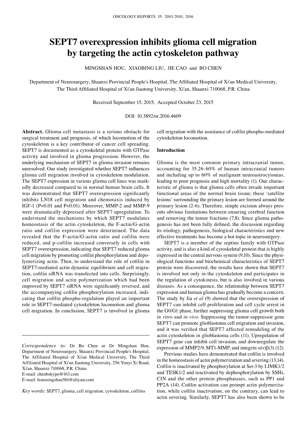 SEPT7 Overexpression Inhibits Glioma Cell Migration by Targeting the Actin Cytoskeleton Pathway