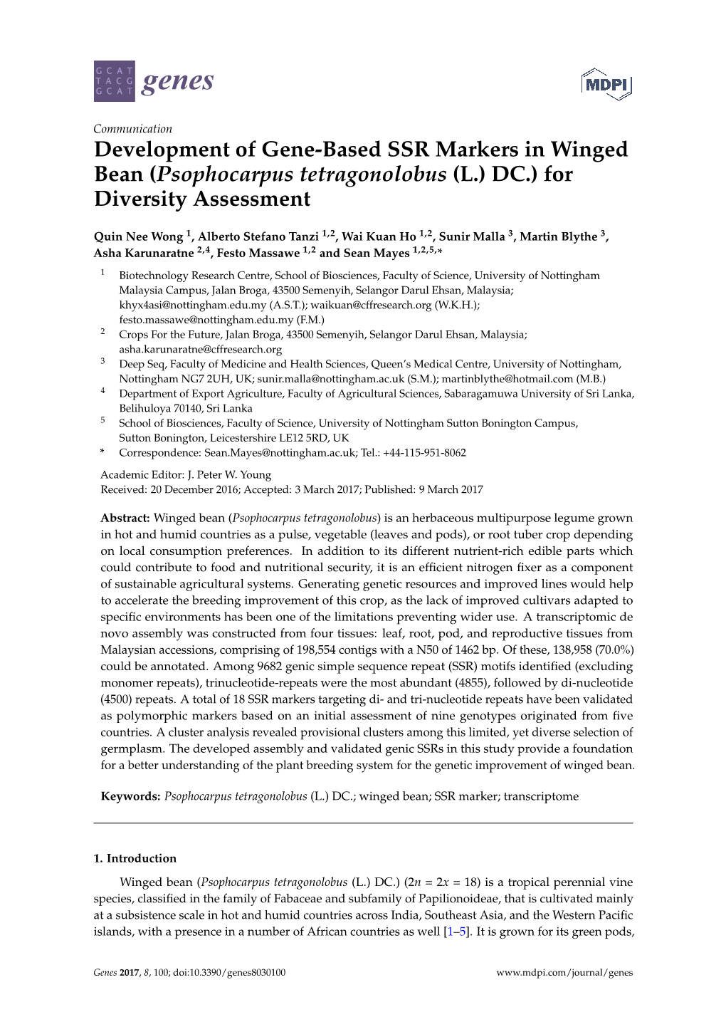 Development of Gene-Based SSR Markers in Winged Bean (Psophocarpus Tetragonolobus (L.) DC.) for Diversity Assessment