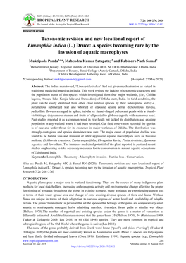 Taxonomic Revision and New Locational Report of Limnophila Indica (L.) Druce: a Species Becoming Rare by the Invasion of Aquatic Macrophytes