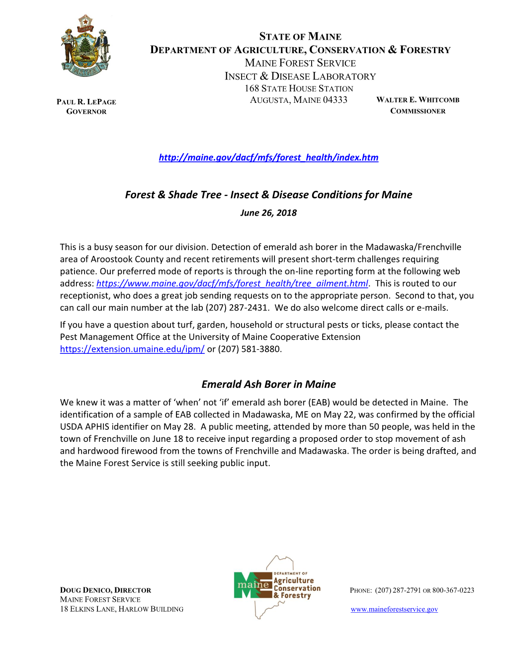 State of Maine Department of Agriculture, Conservation & Forestry Maine Forest Service Insect & Disease Laboratory 168 State House Station Paul R