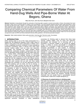 Comparing Chemical Parameters of Water from Hand-Dug Wells and Pipe-Borne Water at Begoro, Ghana