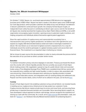 Square, Inc. Bitcoin Investment Whitepaper October 2020 ______